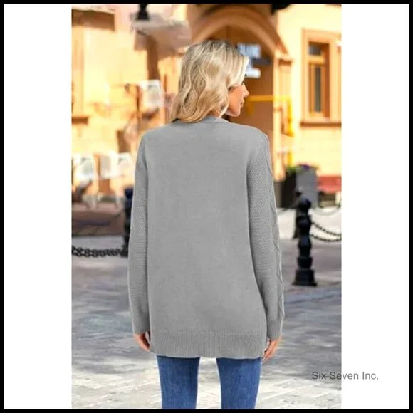 Cable Knit Chunky Cardigan V Neck Open Front Sweater Coat with Pockets - Picture 3 of 7